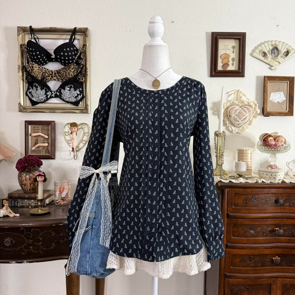 preppy indie girl twee grunge quirky bird print navy blue blouse w pleated detai